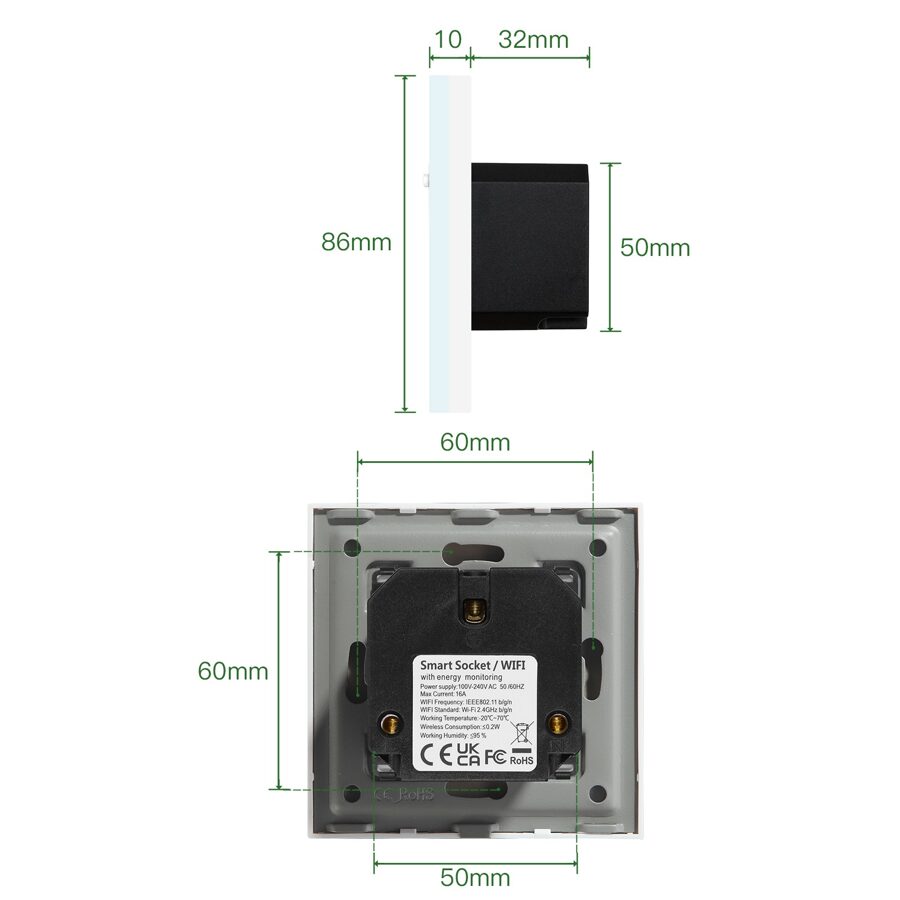 EVO Elektrības kontaktligzda WiFi (rozete)  ar elektroenerģijas monitoringa iespēju Balta ar stikla paneli