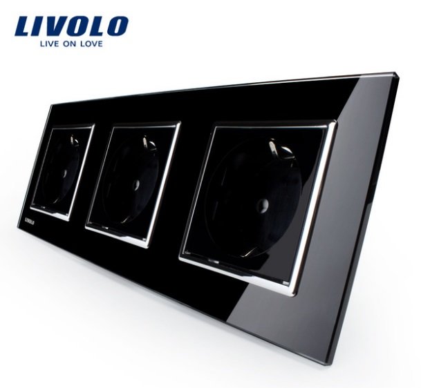 Livolo melns trīsvietīgs stikla kontaktligzdas rāmis 222 x 80mm GPF-3-62, 3 melnas kontaktligzdas WG-71EU-62