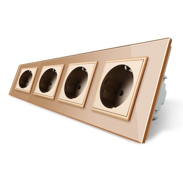 Livolo Zeltains četrvietīgs stikla kontaktligzdas rāmis 293 x 80mm GPF-4-63, 4 Zeltainas kontaktligzdas WG-71EU-63