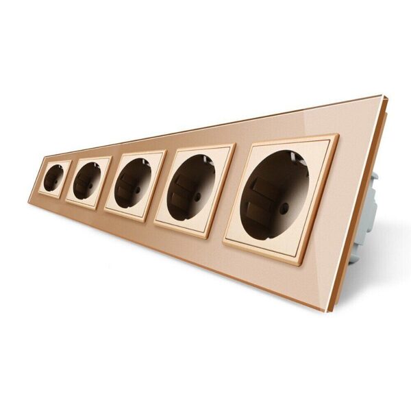 Livolo Zeltains piecvietīgs stikla kontaktligzdas rāmis 364 x 80mm GPF-5-63, 5 pelēkas kontaktligzdas WG-71EU-63