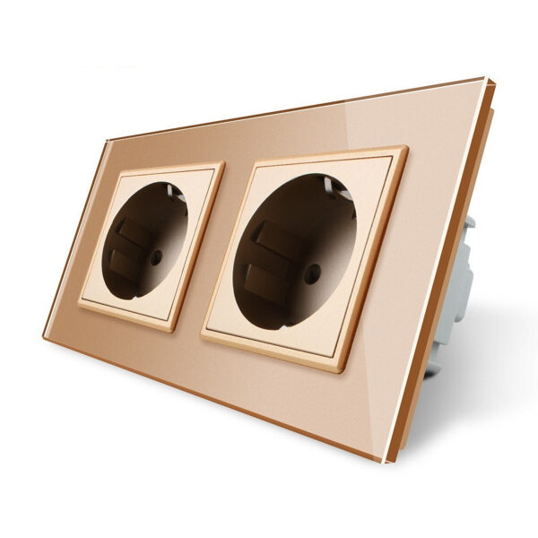Livolo Zeltīts divvietīgs stikla kontaktligzdas rāmis 150 x 80mm GPF-2-63, 2 zeltītas kontaktligzdas WG-71EU-63