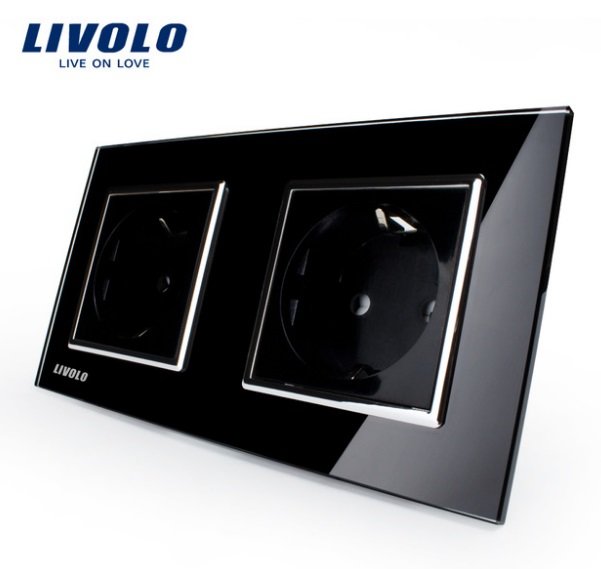 Livolo melns divvietīgs stikla kontaktligzdas rāmis 150 x 80mm GPF-2-62, 2 melnas kontaktligzdas WG-71EU-62